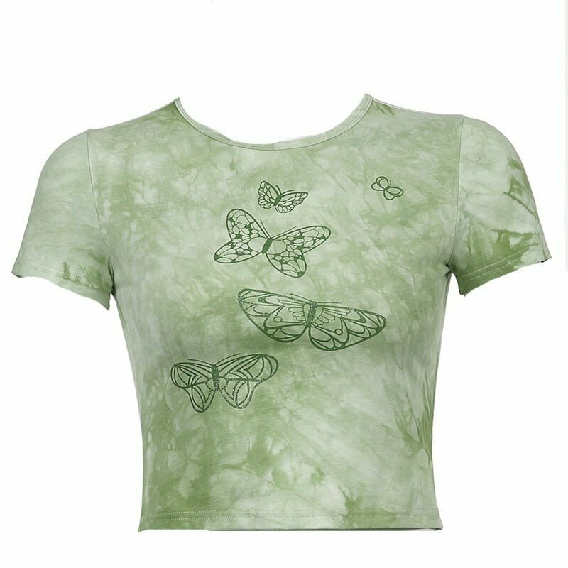 Y2K 90s Aesthetic Butterfly Green Crop Top - Retro Grunge Summer Outfit for Women