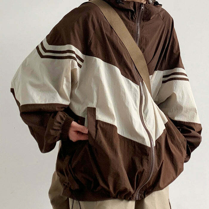 Y2K 90s Brown Oversized Bomber Jacket - Retro Grunge Summer Outfit, Y2K Party & Club