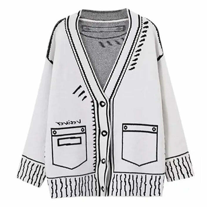 Y2K & 90s Fashion: 2D Cartoon Outline Knitted Cardigan - Retro, Grunge, Past