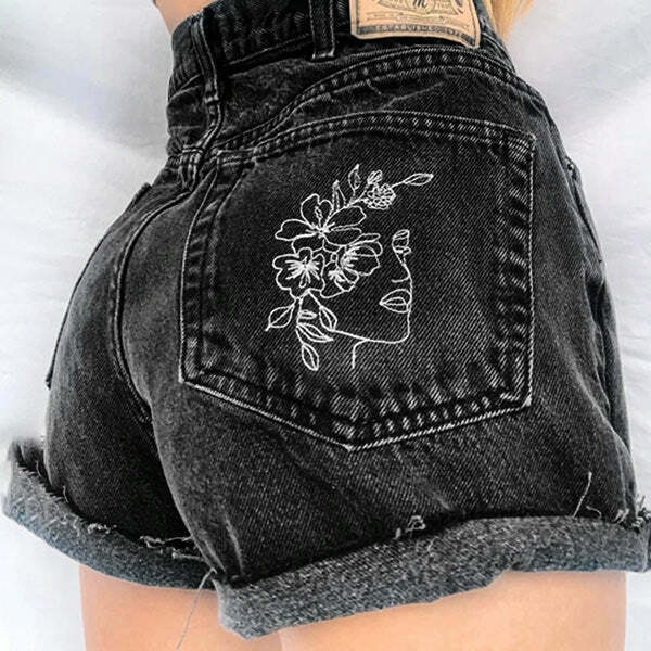 Y2K & 90s Fashion Aesthetic Outlines Embroidery Shorts - Grunge, Retro, Summer Outfits