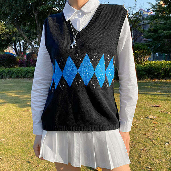 Y2K & 90s Fashion Argyle Sweater Vest - Retro Grunge, Summer Outfits, Y2K