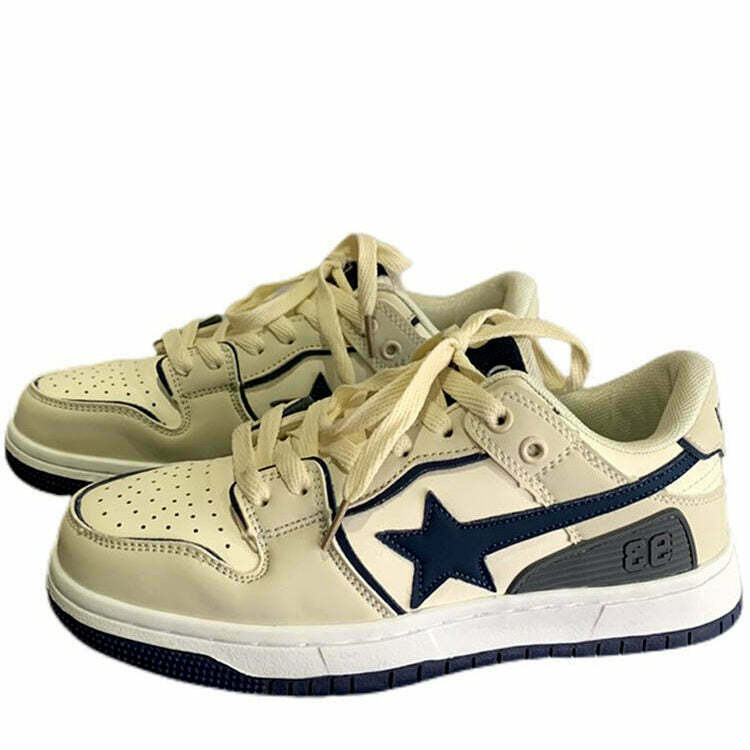 Y2K & 90s Fashion Beige & Navy Shooting Star Sneakers - Retro Grunge, Hip Hop, Summer Outfits