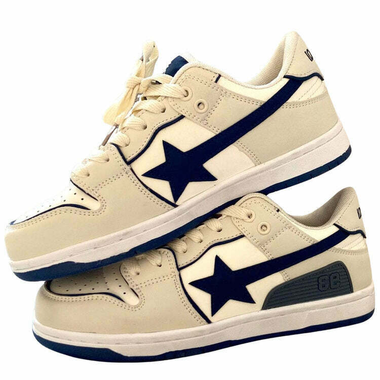 Y2K & 90s Fashion Beige & Navy Shooting Star Sneakers - Retro Grunge, Hip Hop, Summer Outfits