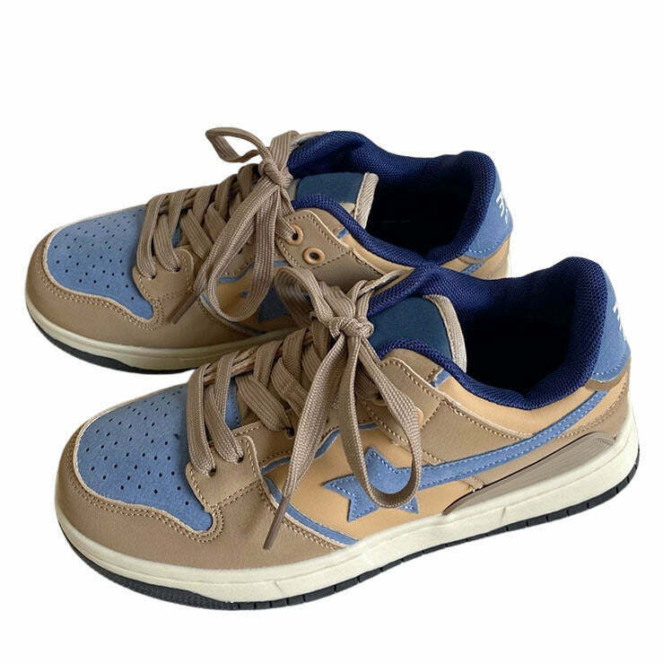 Y2K & 90s Fashion Brown & Blue Shooting Star Sneakers - Retro, Grunge, Hip Hop Style