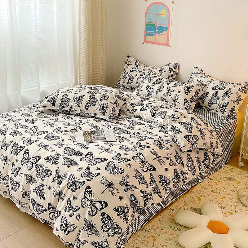 Y2K & 90s Fashion Butterfly Aesthetic Bedding Set - Retro Grunge, Pastel Goth, Popstar V