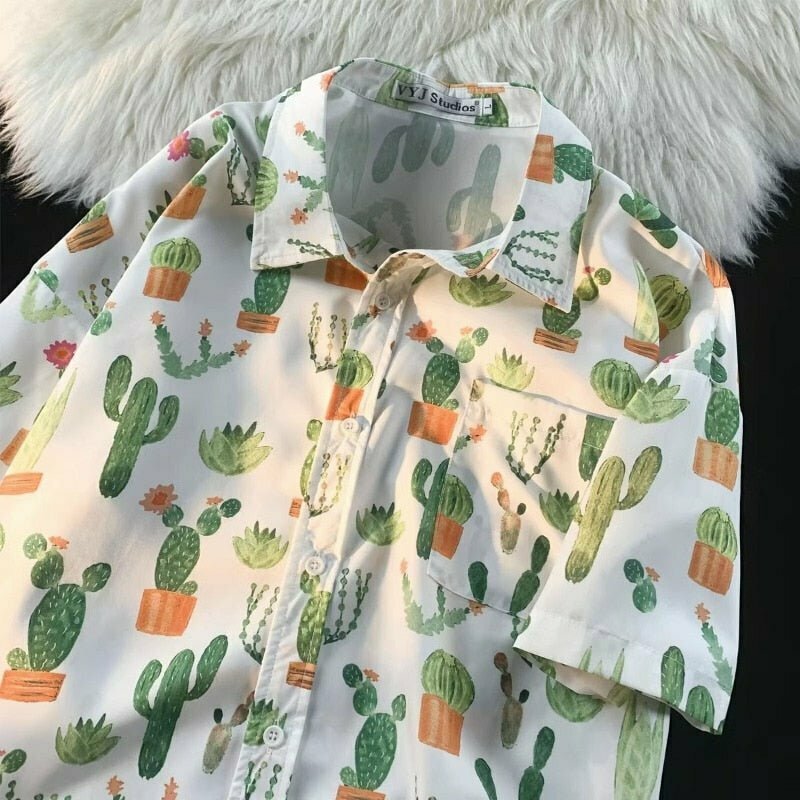 Y2K & 90s Fashion Cactus Kawaii Chiffon Blouse - Retro, Grunge, Pastel