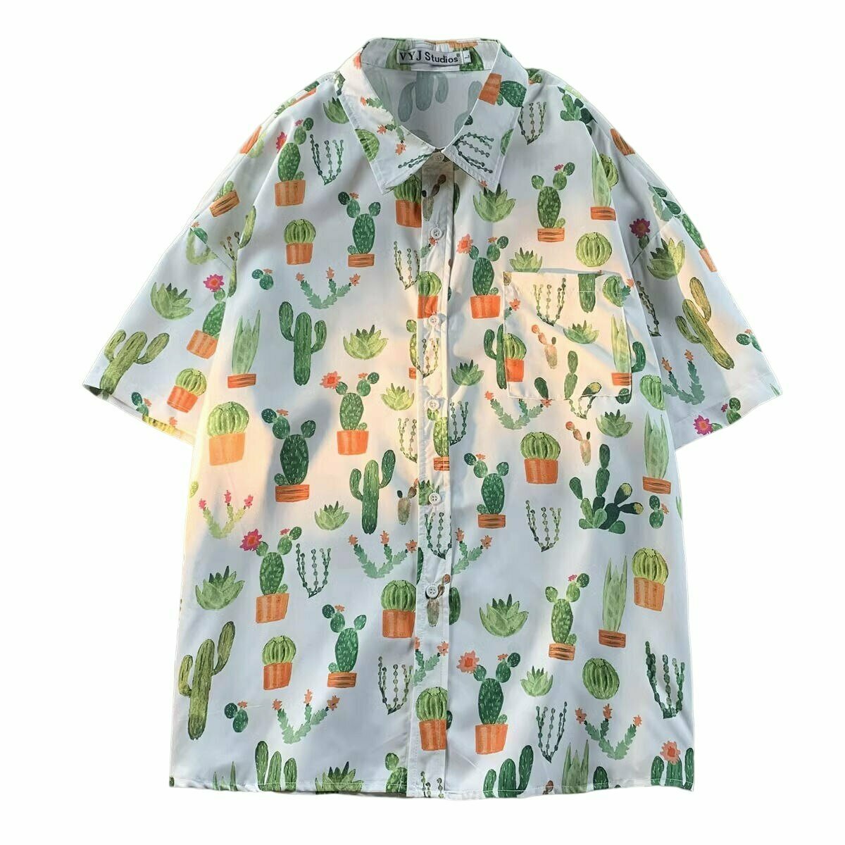 Y2K & 90s Fashion Cactus Kawaii Chiffon Blouse - Retro, Grunge, Pastel