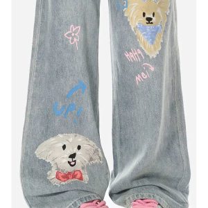 Y2K & 90s Fashion Cartoon Puppy Print Jeans - Retro Grunge, Hip Hop, Summer & Party Outfits