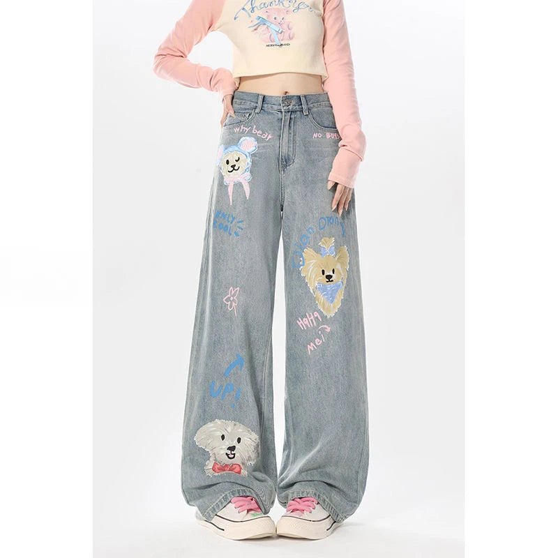 Y2K & 90s Fashion Cartoon Puppy Print Jeans - Retro Grunge, Hip Hop, Summer & Party Outfits