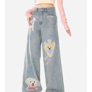 Y2K & 90s Fashion Cartoon Puppy Print Jeans - Retro Grunge, Hip Hop, Summer & Party Outfits