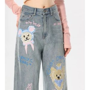 Y2K & 90s Fashion Cartoon Puppy Print Jeans - Retro Grunge, Hip Hop, Summer & Party Outfits