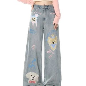 Y2K & 90s Fashion Cartoon Puppy Print Jeans - Retro Grunge, Hip Hop, Summer & Party Outfits