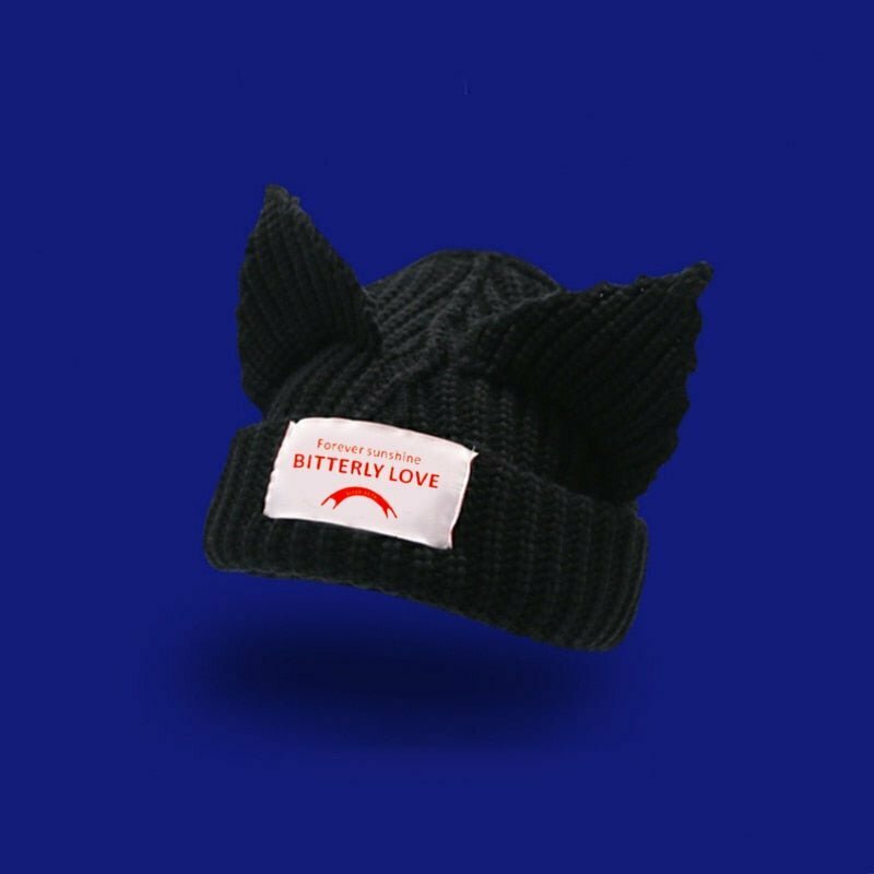 Y2K & 90s Fashion Cat Ear Knitted Hat 'BITTERLY LOVE' - Grunge, Retro,