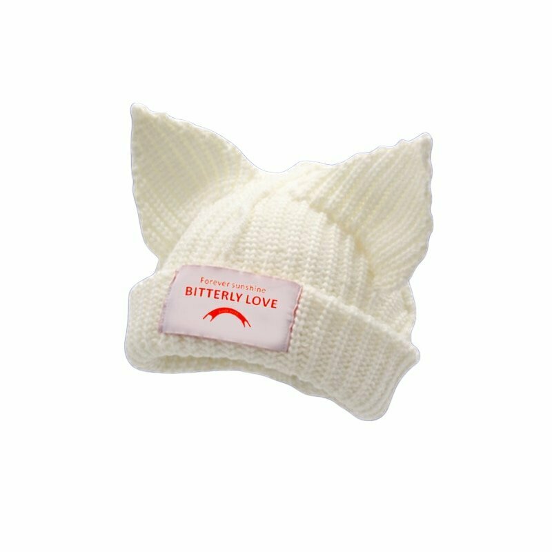 Y2K & 90s Fashion Cat Ear Knitted Hat 'BITTERLY LOVE' - Grunge, Retro,