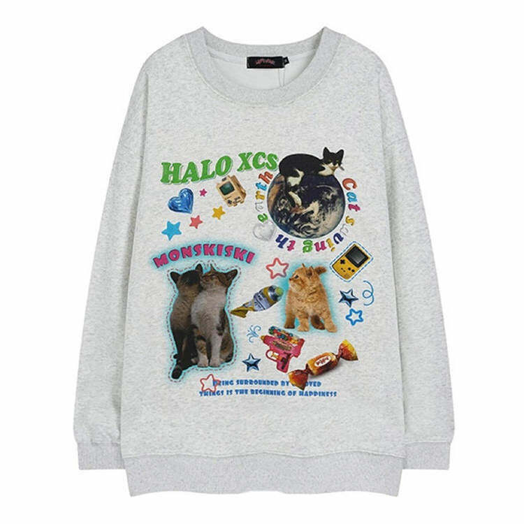 Y2K & 90s Fashion Cat Planet Graphic Sweatshirt - Retro Grunge, Pastel Goth, Summer Outfit