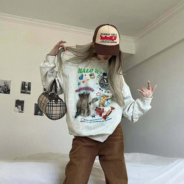 Y2K & 90s Fashion Cat Planet Graphic Sweatshirt - Retro Grunge, Pastel Goth, Summer Outfit