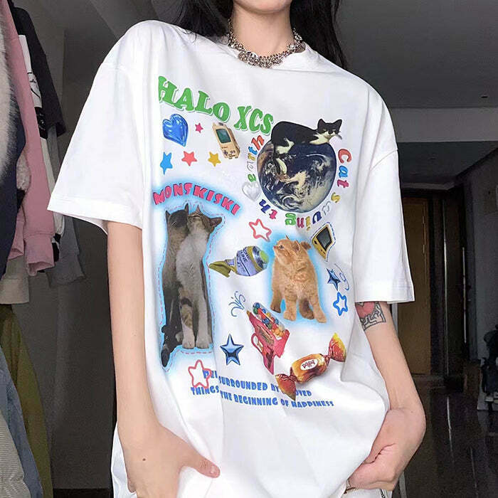 Y2K & 90s Fashion Cat's Planet Graphic Tee - Retro, Grunge, and Pastel Goth Styles