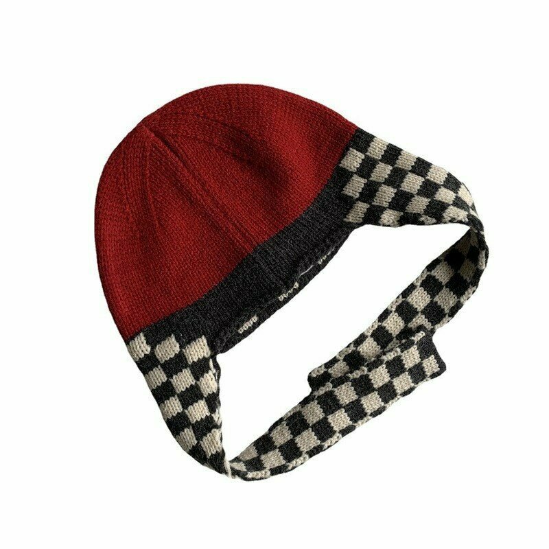 Y2K & 90s Fashion Checkerboard Lei Feng Ear Warmer Cap - Retro Grunge, Pastel Goth,