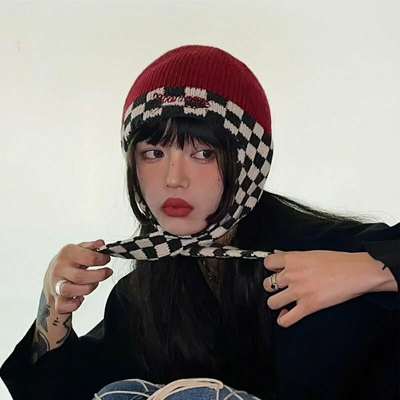 Y2K & 90s Fashion Checkerboard Lei Feng Ear Warmer Cap - Retro Grunge, Pastel Goth,