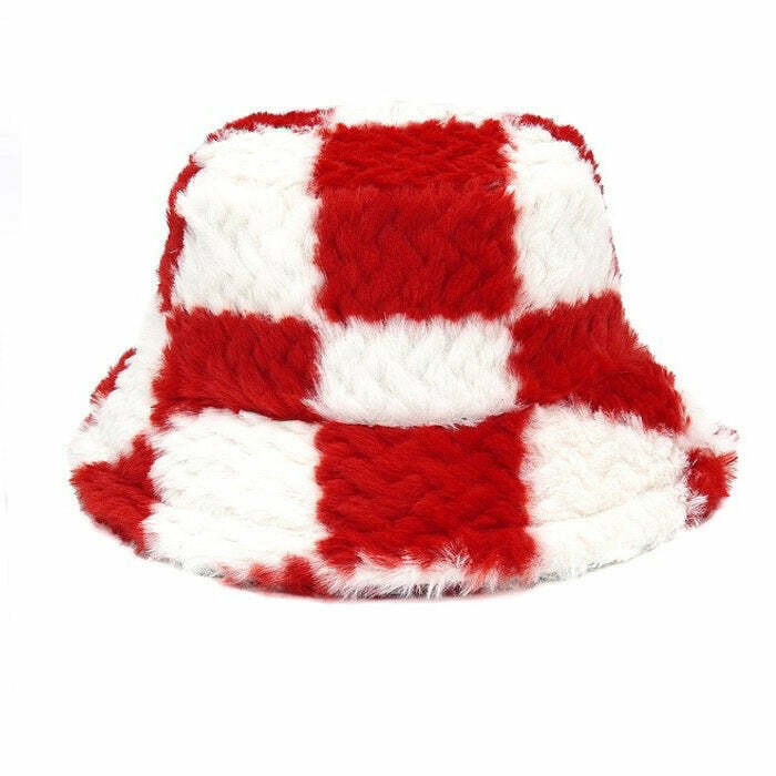 Y2K & 90s Fashion Checkered Fuzzy Bucket Hat - Retro Grunge, Summer, Party, &