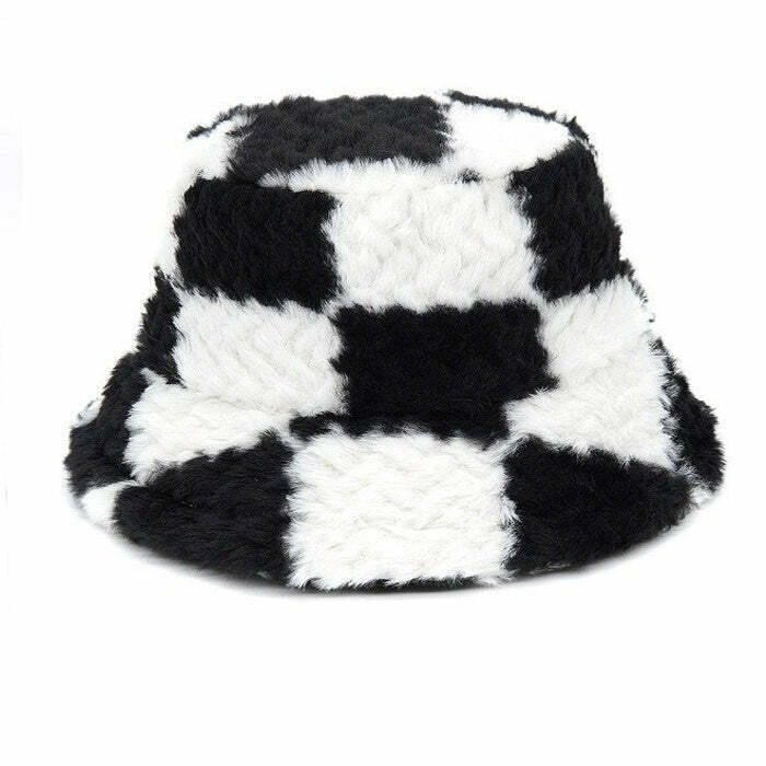 Y2K & 90s Fashion Checkered Fuzzy Bucket Hat - Retro Grunge, Summer, Party, &