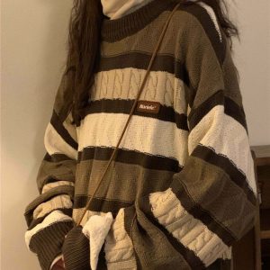 Y2K & 90s Fashion Coffee Cream Striped Oversize Sweater - Grunge, Retro, Summer Outfits