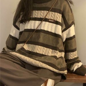 Y2K & 90s Fashion Coffee Cream Striped Oversize Sweater - Grunge, Retro, Summer Outfits