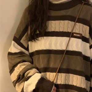 Y2K & 90s Fashion Coffee Cream Striped Oversize Sweater - Grunge, Retro, Summer Outfits