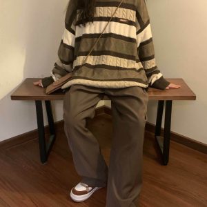 Y2K & 90s Fashion Coffee Cream Striped Oversize Sweater - Grunge, Retro, Summer Outfits