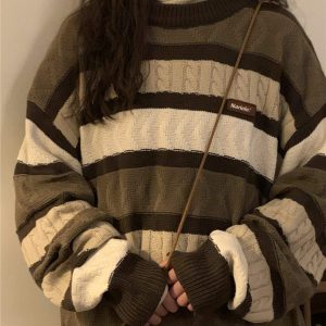 Y2K & 90s Fashion Coffee Cream Striped Oversize Sweater - Grunge, Retro, Summer Outfits