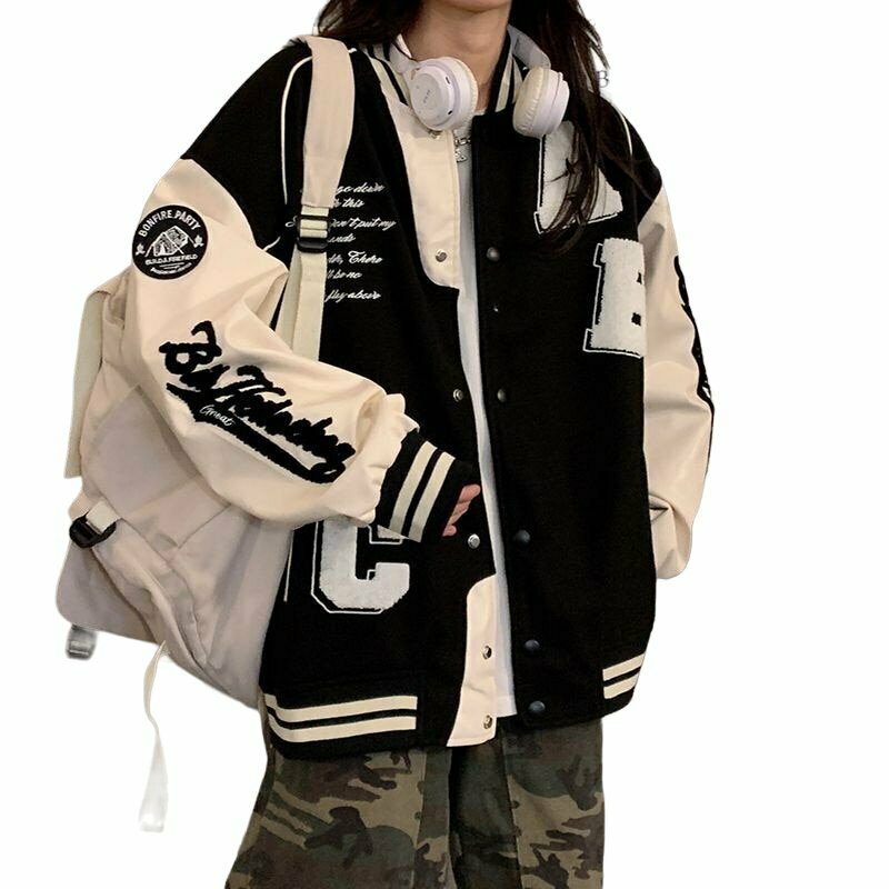 Y2K & 90s Fashion College Uniform Bomber Jacket - Retro Grunge, Hip Hop, Pastel Goth Style