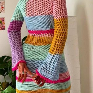 Y2K & 90s Fashion Contrast Colors Long Sleeve Knit Dress - Retro, Grunge, and Pastel Goth Styles