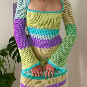 Y2K & 90s Fashion Contrast Colors Long Sleeve Knit Dress - Retro, Grunge, and Pastel Goth Styles