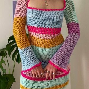 Y2K & 90s Fashion Contrast Colors Long Sleeve Knit Dress - Retro, Grunge, and Pastel Goth Styles