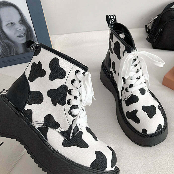 Y2K & 90s Fashion Cow Print Boots - Retro Grunge, Summer Outfits, Party & Club Styles