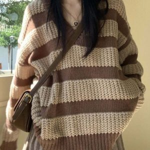 Y2K & 90s Fashion Cozy Striped Sweater - Perfect for Grunge, Retro, and Summer Outfits