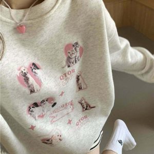 Y2K & 90s Fashion Cute Kitty Dog Sweatshirt - Retro Grunge, Pastel Goth, Summer Outfits