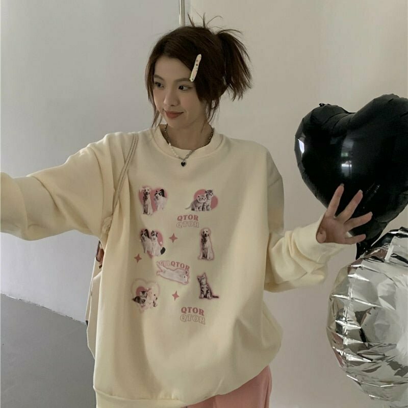 Y2K & 90s Fashion Cute Kitty Dog Sweatshirt - Retro Grunge, Pastel Goth, Summer Outfits