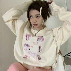 Y2K & 90s Fashion Cute Kitty Dog Sweatshirt - Retro Grunge, Pastel Goth, Summer Outfits