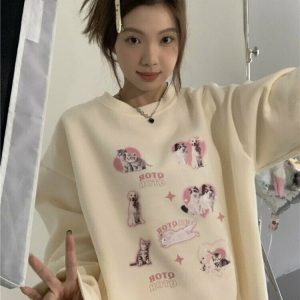 Y2K & 90s Fashion Cute Kitty Dog Sweatshirt - Retro Grunge, Pastel Goth, Summer Outfits