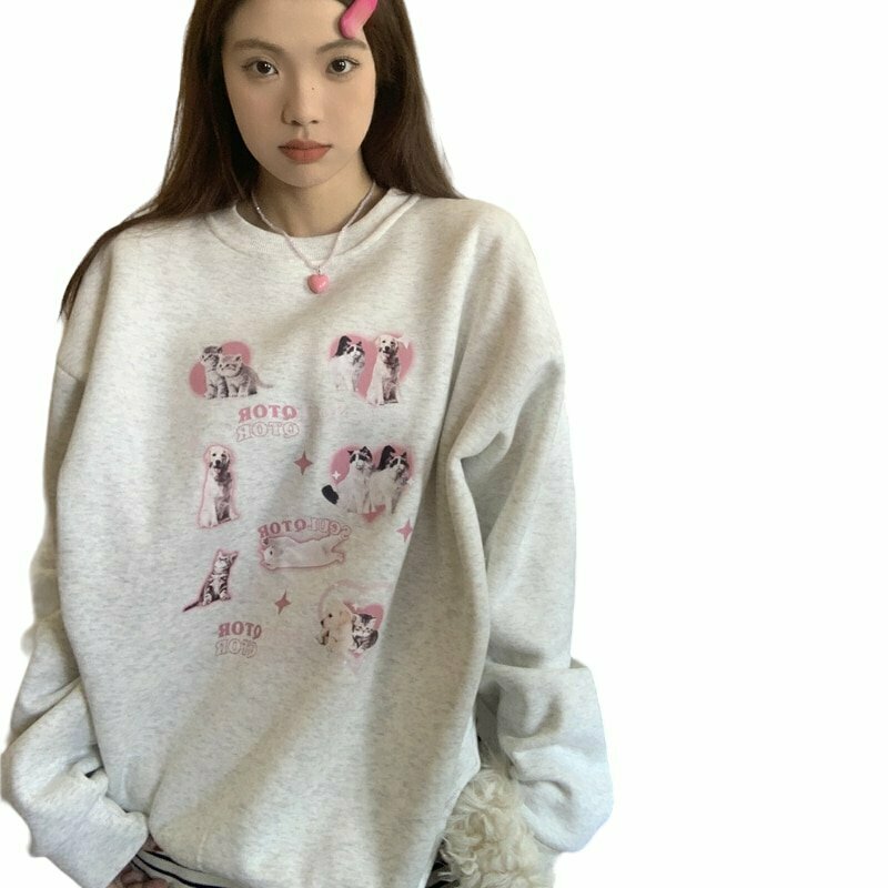 Y2K & 90s Fashion Cute Kitty Dog Sweatshirt - Retro Grunge, Pastel Goth, Summer Outfits