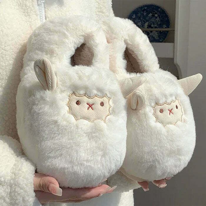 Y2K & 90s Fashion Cute Lamb Fluffy Slippers - Retro Grunge, Pastel Goth, Summer Y