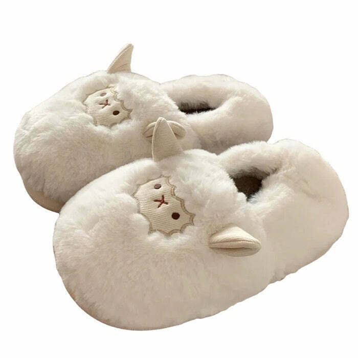 Y2K & 90s Fashion Cute Lamb Fluffy Slippers - Retro Grunge, Pastel Goth, Summer Y