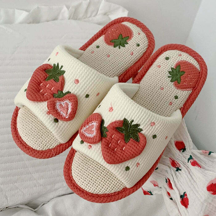 Y2K & 90s Fashion Cute Strawberry Slippers - Perfect for Summer, Grunge, and Retro Outfits