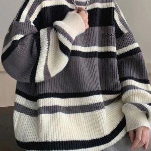 Y2K & 90s Fashion Embroidered Striped Sweater - Retro Grunge, Pastel Goth, Summer