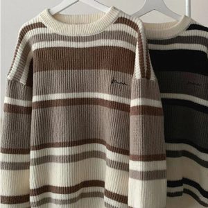 Y2K & 90s Fashion Embroidered Striped Sweater - Retro Grunge, Pastel Goth, Summer