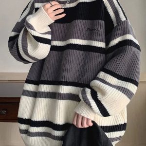 Y2K & 90s Fashion Embroidered Striped Sweater - Retro Grunge, Pastel Goth, Summer