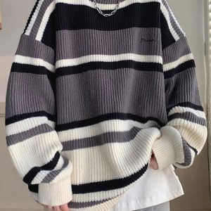 Y2K & 90s Fashion Embroidered Striped Sweater - Retro Grunge, Pastel Goth, Summer