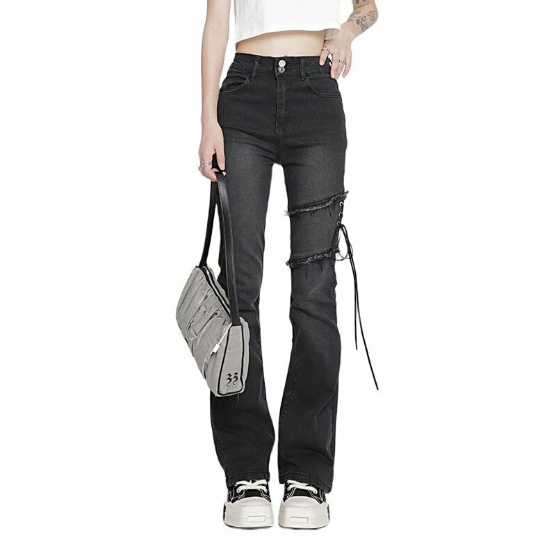 Y2K & 90s Fashion Flare Jeans - Black High Waist Lacing, Grunge & Retro Style