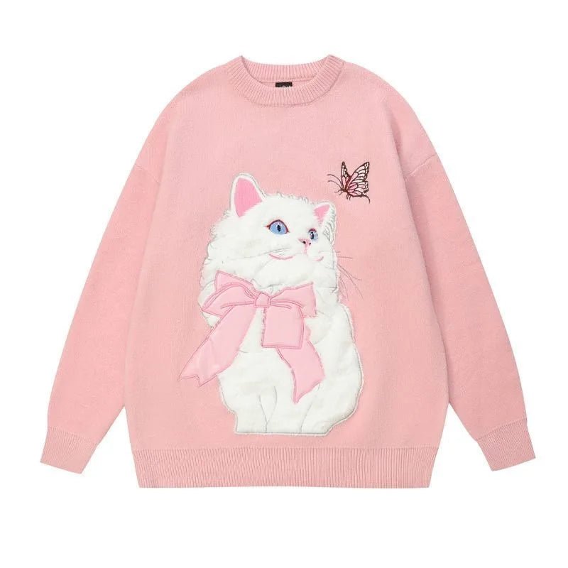 Y2K & 90s Fashion Flocking Cat Sweater - Grunge, Retro, Pastel Goth, Summer Out